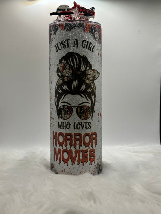 20oz Skinny Glitter Sublimation Tumbler - Just a girl who loves horror movies with a  custom top