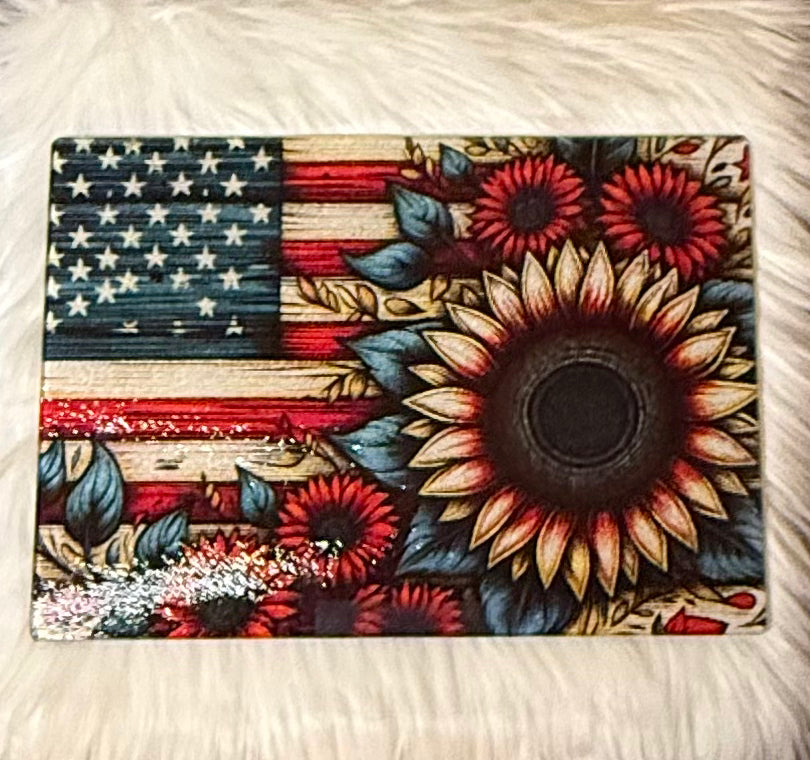 Rustic Flag & Sunflower Glass Cutting Board 11”x7.87”