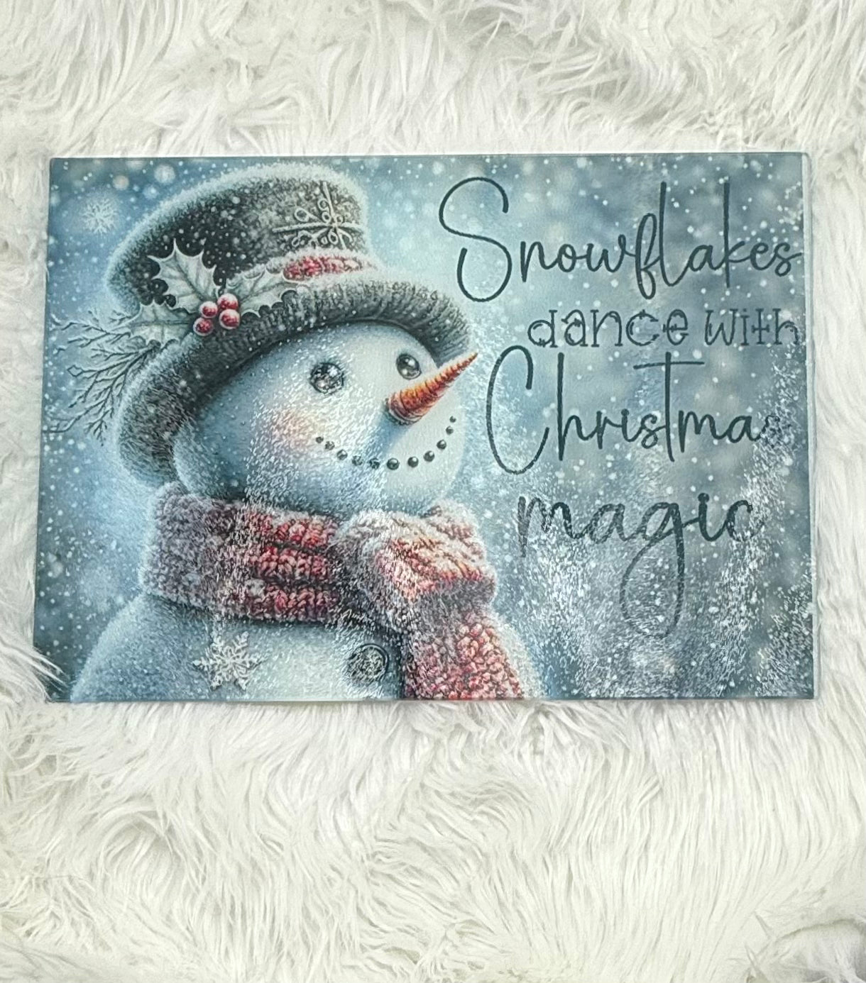 Christmas Magic Snowman Glass Cutting Board 15”x11”