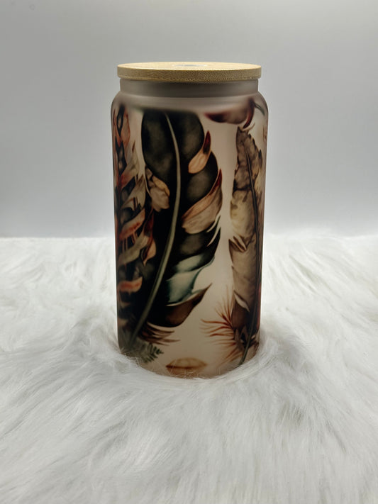 Frosted Glass Cup - Feathers