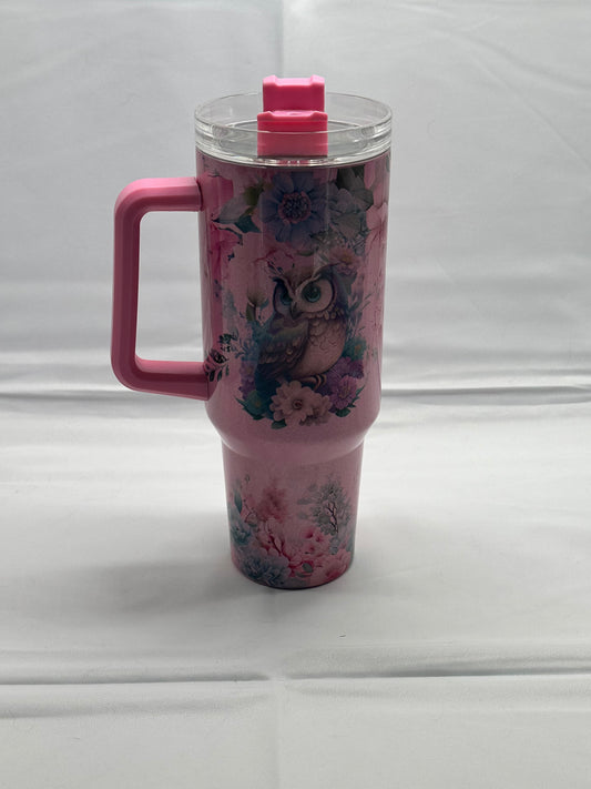 40oz Pink Owl-Themed Stainless Steel Tumbler – Insulated Travel Mug with Lid