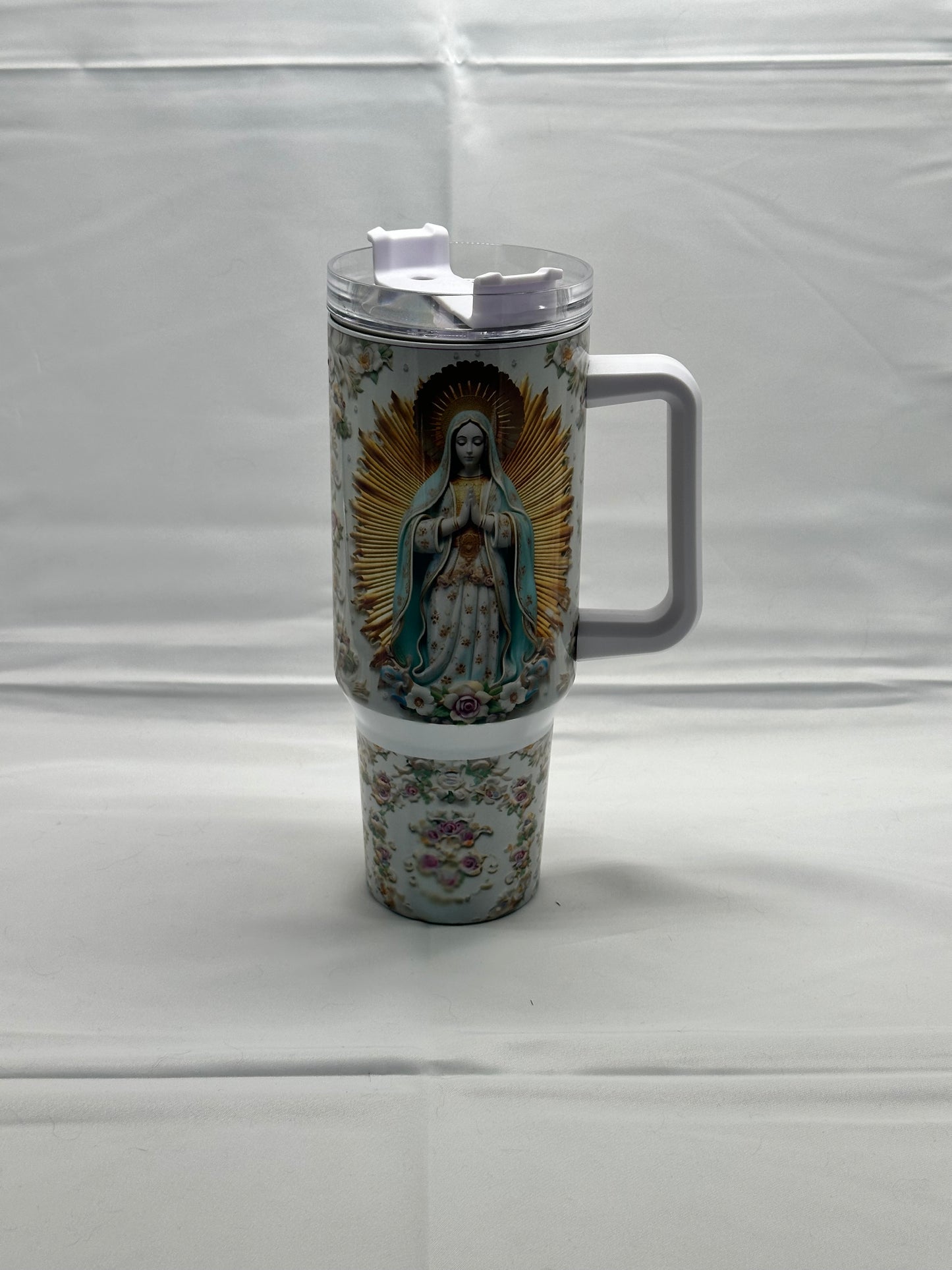 Virgen de Guadalupe White & Gold 40oz Insulated Tumbler - Elegant Religious Iconography