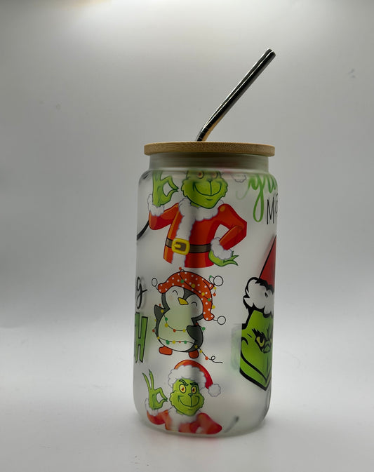 Whimsical Grinch Frosted Glass Cup