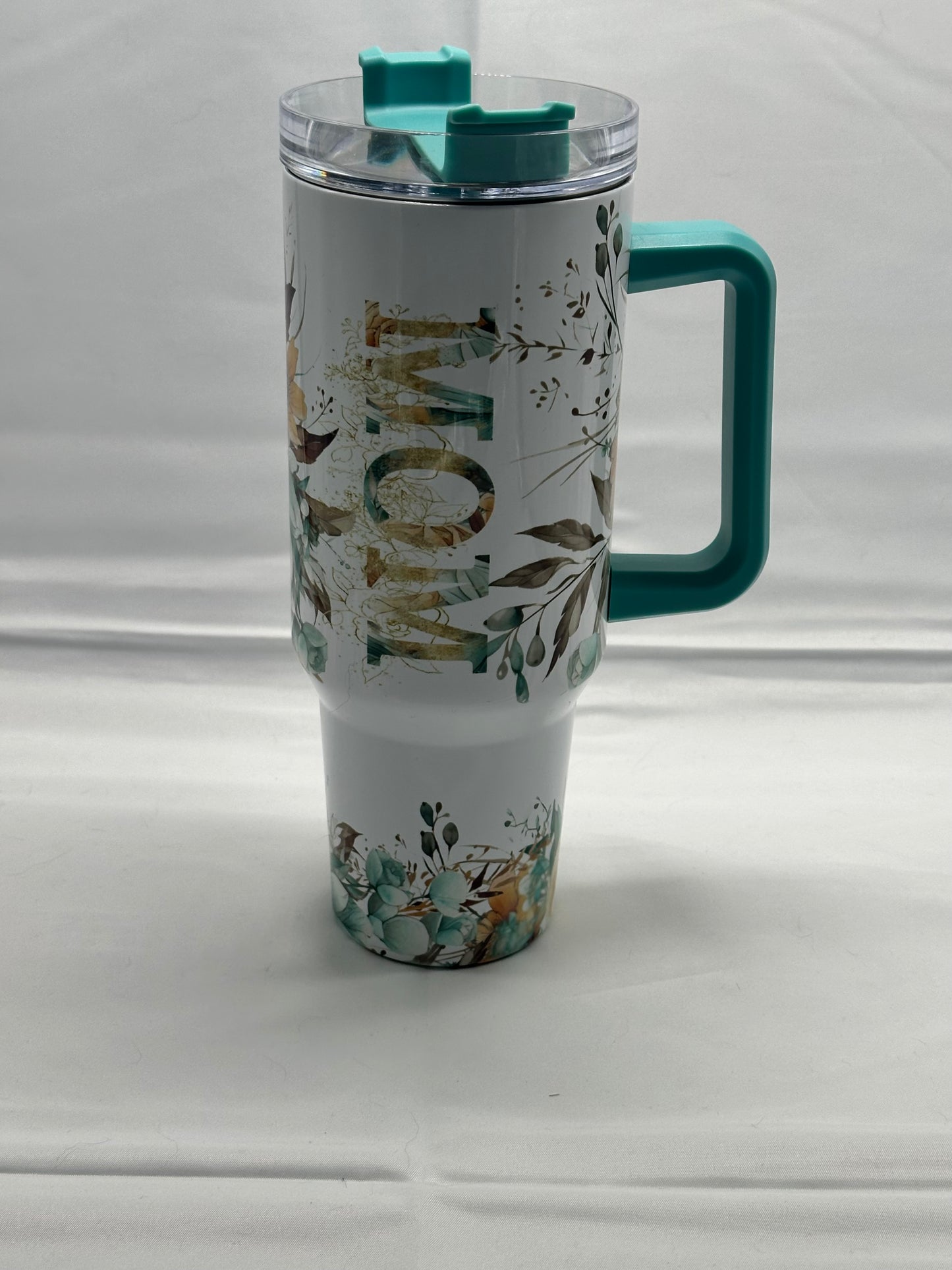 40oz Mom-Themed Stainless Steel Tumbler with Green Lid and Handle – Insulated White Travel Mug