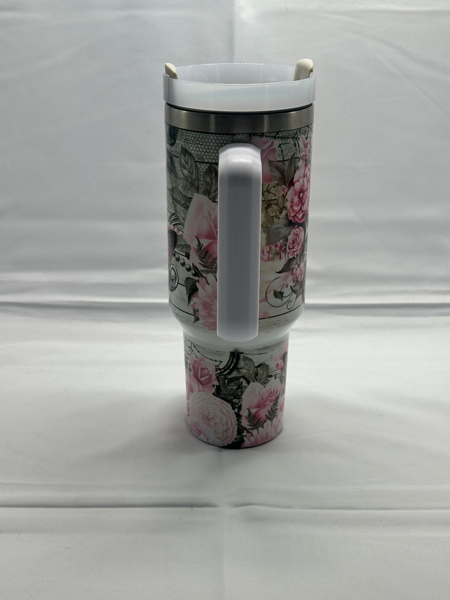 Skull with Pink Flowers 40oz Insulated Tumbler - Elegant and Edgy Design