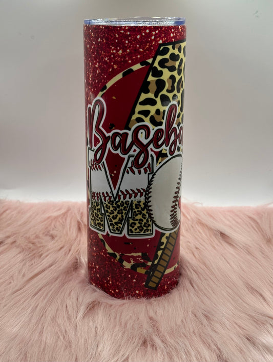 20oz Skinny Tumbler - Red Glitter Baseball Mom