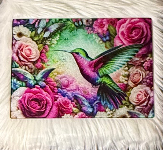 Colorful Hummingbird and Floral Garden Cutting Board 11”7.87”