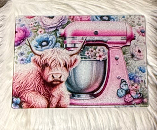 Highland Cow & Pink Mixer Floral Cutting Board 11”x7.87”