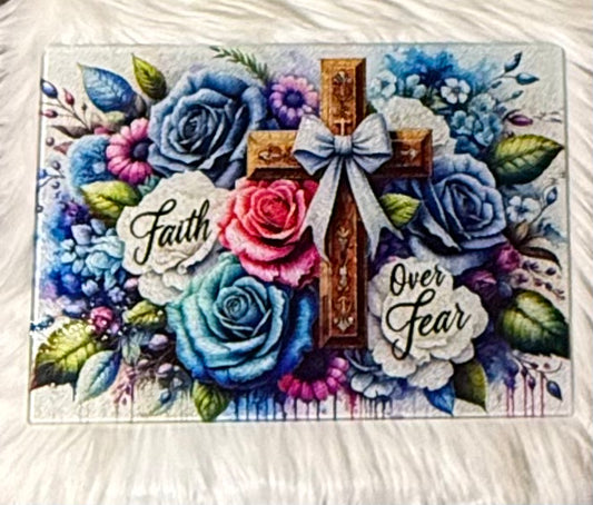 Faith Over Fear Floral Cross Cutting Board 11”x7.87”