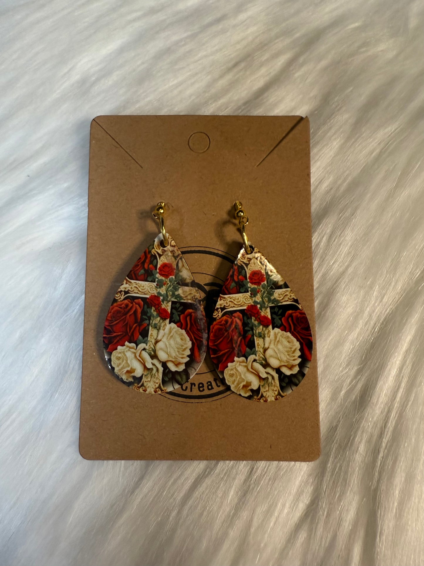 Vintage Rose Cross - TearDrop Earrings