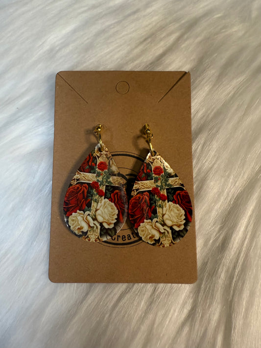 Vintage Rose Cross - TearDrop Earrings