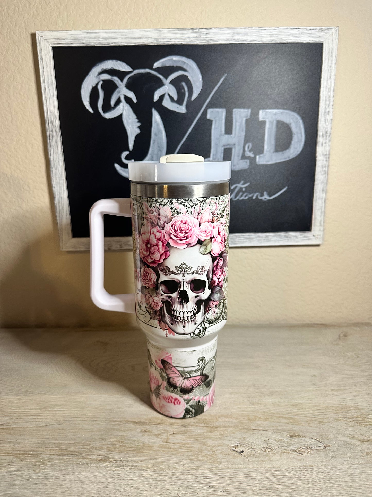 Skull with Pink Flowers 40oz Insulated Tumbler - Elegant and Edgy Design